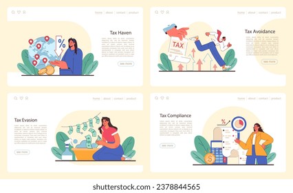 Tax optimization web banner or landing page set. Financial efficiency, budgeting and economy idea. Taxes deduction and refund. Flat vector illustration
