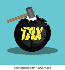 tax paper cut with hammer concept to reduce taxes paying less. vector illustration