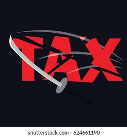 tax paper cut with sword concept to reduce taxes paying less. vector illustration