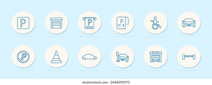 Tax, parking set icon. Garage, check, invoice, machine, car, ban, fence, cone, pitstop, P, blue colors, warehouse, silhouette, sign, , man, wheelchair, design, interface. Vector line icon.
