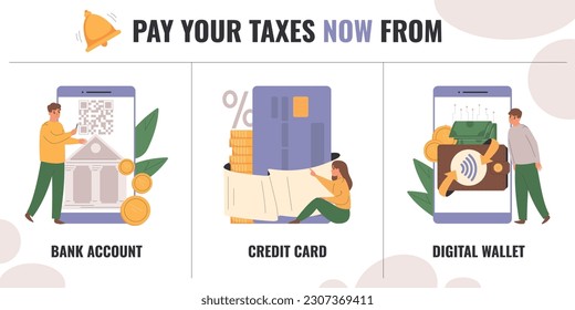 Tax pay flat composition with bank account and credit card symbols vector illustration