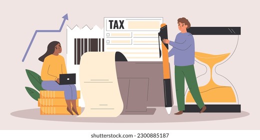 Composición plana de pago de impuestos con personas que rellenan el formulario de impuestos ilustraciones vectoriales