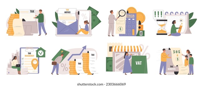 Tax pay flat icons set with salary and funding management isolated vector illustration
