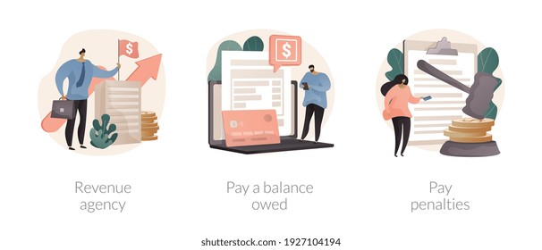 Tax payment abstract concept vector illustration set. Revenue agency, pay a balance owed, pay penalties, credit payment, filing taxes, payroll account, family benefit, GST and HST abstract metaphor.