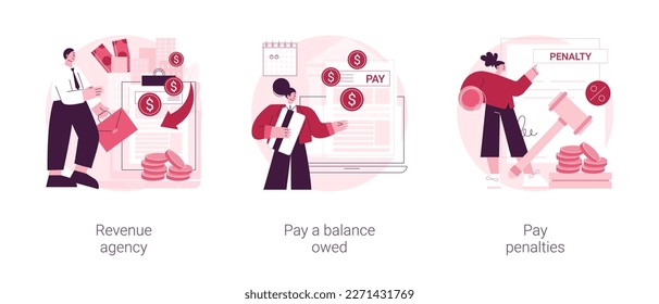 Tax payment abstract concept vector illustration set. Revenue agency, pay a balance owed, pay penalties, credit payment, filing taxes, payroll account, family benefit, GST and HST abstract metaphor.