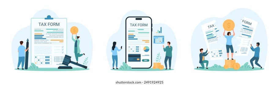 Tax payment, accounting set. Tiny people cut tax invoice to reduce taxation, calculate and pay money on bill on phone screen, check cost of monthly deductions in statement cartoon vector illustration