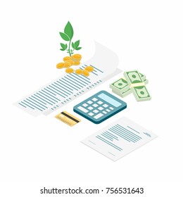 Tax Payment. Bills With Calculator, Credit Card, Cash And Coins. Payment Of Utility, Family Budget. Isometric Flat Design. Vector