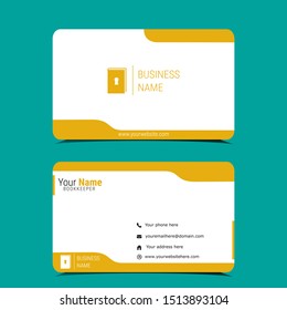 Tax payment, bookkeeping, accounting business card template. Name card include illustration of bookkeeper, accounts, calendar, calculator, folders, wallet. 
