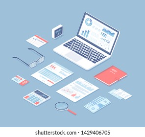 Tax payment, bookkeeping, accounting, calculation of tax return. Pay the bills, invoices, payrolls. Tax form, documents, calendar, calculator, money on the table. Isometric 3d vector illustration.