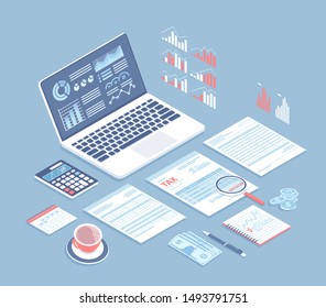 Tax payment, bookkeeping, accounting. Tax form, laptop with charts on the screen, calculator, documents, money, magnifying glass, coffee on the table. Isometric 3d vector background.
