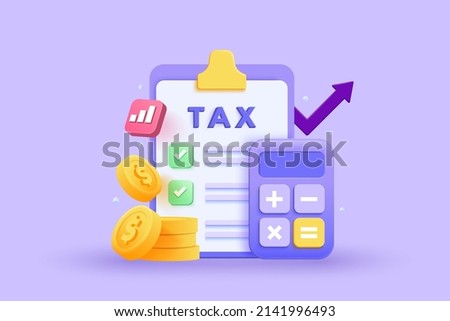 Tax payment and business tax concept. Coin stacks, calculator and tax form on purple background. 3d vector illustration