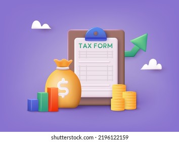 Tax Payment And Business Tax Concept. Money Bags, Coins, Calculator And Tax Form. Online Tax Payment. 3D Web Vector Illustrations.