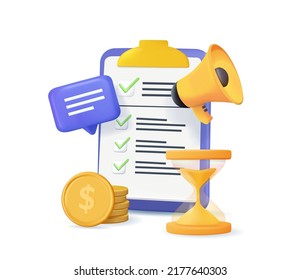 Tax payment and business tax concept. Project task management and effective time planning tools. Financial investment. 3d vector illustration. Work organizer, daily plan. Project manager tool business