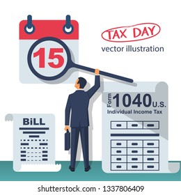 Tax payment. Businessman working with documents. Data analysis, paperwork, financial research, report. Calculation tax government, state. Calculation return. Flat design vector illustration.