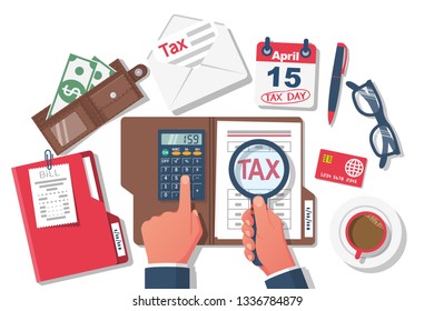 Tax payment. Businessman working at table with documents. Data analysis, paperwork, financial research, report. Calculation tax government, state. Calculation return. Flat design vector illustration.
