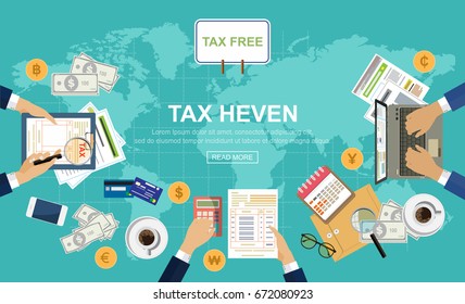 Tax payment, businessmen and accountants work on taxes and statistics, data analysis, and reporting. In the duty free zone. vector illustration.