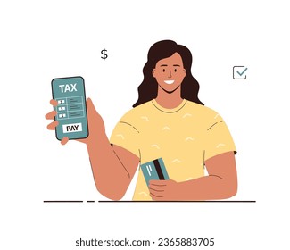 Pago de impuestos por teléfono. Servicio móvil para pagar impuestos y tarifas. Solicitud en línea de impuestos de pago, verificación de deudas, presentación de informes electrónicos. Mujer con smartphone. Ilustración vectorial de dibujos animados.