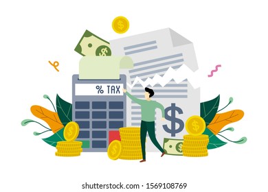 Tax payment, calculation tax return, payment of debt, tax deduction concept vector flat illustration template, suitable for background, landing page, advertising illustration