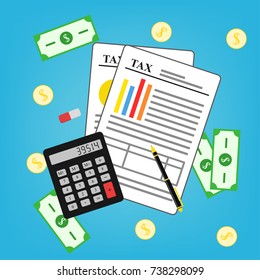 Tax payment, calculator, dollars, pen and coins