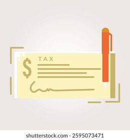 A tax payment check with a orange pen represents financial obligations, tax responsibilities, official payments, and financial documentation in a minimal vector illustration.