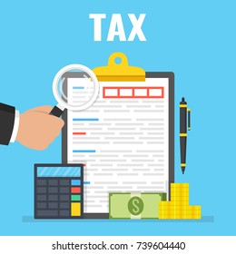 Tax payment. Clipboard, tax form, calculator, pen, money and hand holding magnifier. Businessman calculation tax. Icons set. Vector illustration.