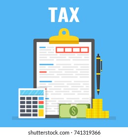 Tax payment. Clipboard, tax form, calculator, pen, money. Businessman calculation tax. Icons set. Vector illustration.