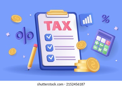 Tax payment concept 3D illustration. Icon composition with financial annual accounting, calculating and paying invoice, budget analysis and transactions. Vector illustration for modern web design