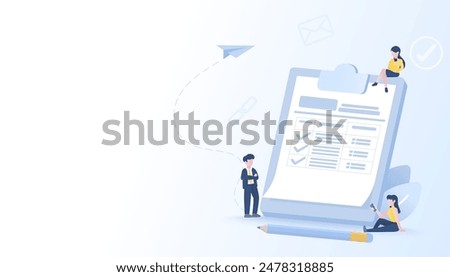 Tax payment concept. Business people calculating vat income, tax to fill form for government refund. Income form, filling and submit to government. Flat vector design illustration.