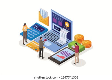 Tax Payment Concept. Calculation of Tax Return. Pay the Bills, Invoice, Payroll. Tax Form with Laptop, Calculator, and Mobile. Vector Isometric Illustration.