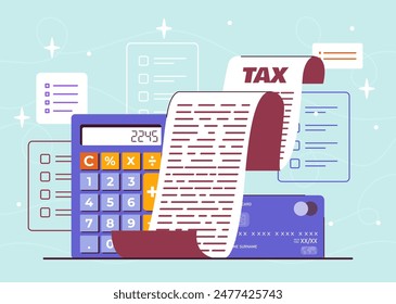 Tax payment concept. Calculator near large bill and banking card. Accounting and budgeting. Finacial literacy and evaluation of expenses. Money management. Cartoon flat vector illustration