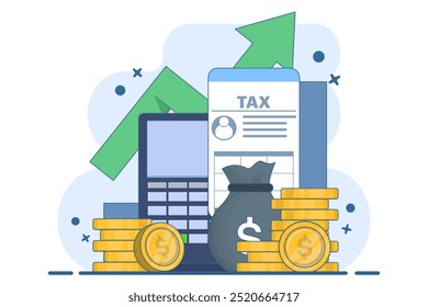 Steuerzahlungskonzept, Beleg, Steuerformular, Audit, Finanzbuchhaltung, Steuererstattungsberechnung, Landessteuer, Planung, Fälligkeitsdatum, Gehaltsberechnung, Budget. Flache Vektorgrafik.
