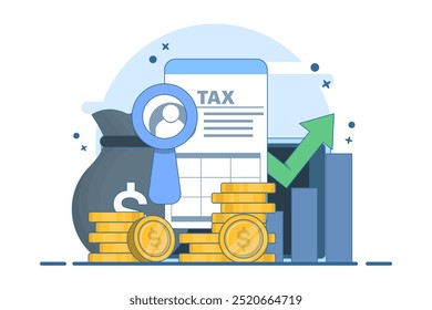 Tax payment concept, Document, Tax form, Audit, Financial accounting, Tax refund calculation, State tax, planning, Due date, Salary calculation, Budget. Flat vector illustration.