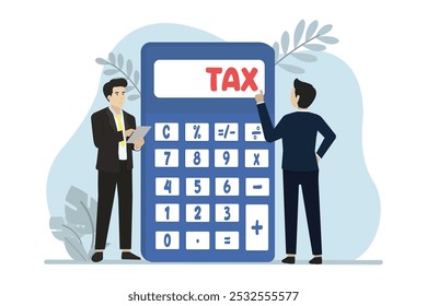Conceito de pagamento de imposto, relatório de pesquisa financeira e cálculo de TSC. Empresário calculando pagamento de imposto usando calculadora. Ilustração do vetor comercial.