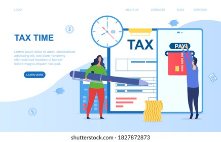 Tax payment concept. Flat cartoon colored vector illustration. Web page, web site or landing page template.