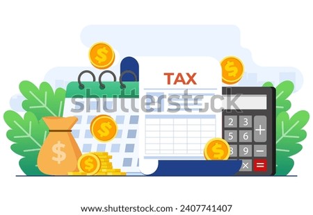 Tax payment concept flat vector illustration template, Paperwork, Financial research report, Calculation of tax return, Payment of debt, Government, State taxes, Tax planning, Due date