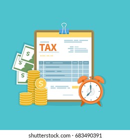 Tax payment concept. Government, State taxes. Financial calculation, debt. Tax form, cash, gold coins, alarm clock. Payday icon. Vector illustration.