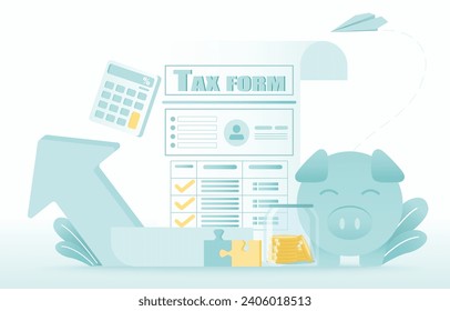 Tax payment concept. Income form, filling and submit to government. Calculate revenue, manage taxes, tax deduction, return of the company's investment. Flat vector design illustration.