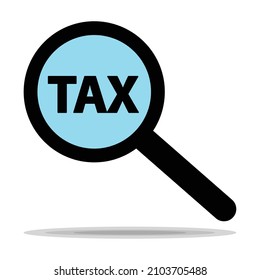 Concepto de pago de impuestos. Icono de aumento con signo de impuesto de búsqueda, icono de la lupa o lupa de la lupa, vector. Diseño de concepto fiscal.