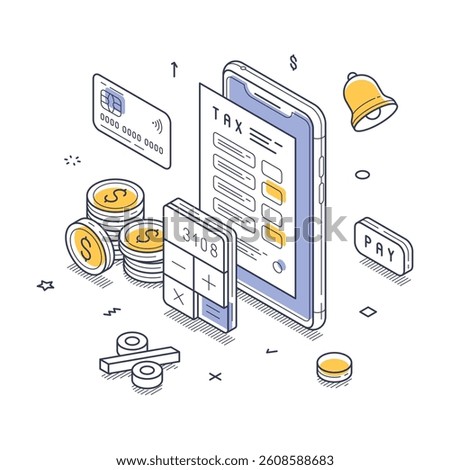 Tax payment concept. Mobile phone displaying a tax form, coins stacked nearby, a calculator showing numbers, and a payment button, emphasizing the theme of financial transactions. Vector illustration
