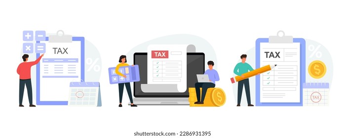 Tax payment concept. Set of illustrations for tax return, calculating and paying invoice. Characters preparing documents for income tax return.