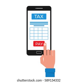 Tax payment concept. Smart phone with application for tax and finger touch screen. Cartoon Vector Illustration.