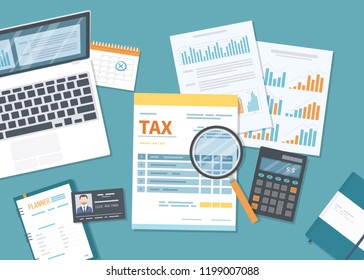 Tax payment concept. State Government taxation, calculation of tax return. Tax form with paper documents, forms, calendar, laptop, calculator. Pay the bills, invoices, payrolls. Vector illustration.