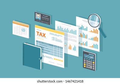 Tax payment concept. State Government taxation, calculation of tax return. Tax form with paper documents, forms, calendar, notebook, calculator. Pay bills, invoices. Isometric 3d vector illustration