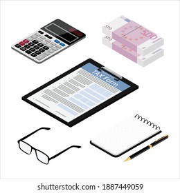 Tax payment concept. State Government taxation, calculation of tax return. Tax form with paper documents, forms, cash, glasses, calculator and notepad. Pay the bills, invoices, payrolls. Vector 