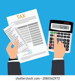 Tax payment concept. State Government taxation, calculation of tax return. Tax form with paper documents, forms, calculator. Pay the bills, invoices, payrolls. Vector