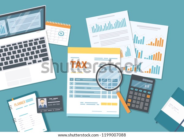 Tax payment concept. State Government\
taxation, calculation of tax return. Tax form with paper documents,\
forms, calendar, laptop, calculator. Pay the bills, invoices,\
payrolls. Vector\
illustration.