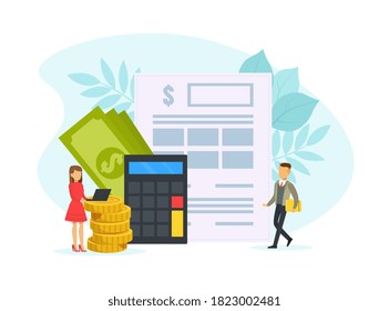 Tax Payment Concept, Tiny Business People Calculating Document for Taxes Flat Vector Illustration