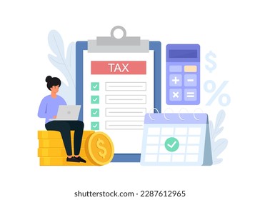 Tax payment concept. Woman character using laptop for calculation of taxes return. Vector illustration of filling financial tax report.