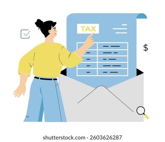 Tax payment concept. Woman and envelope with tax declaration paper document. Tax day. Vector illustration on isolated white background.
