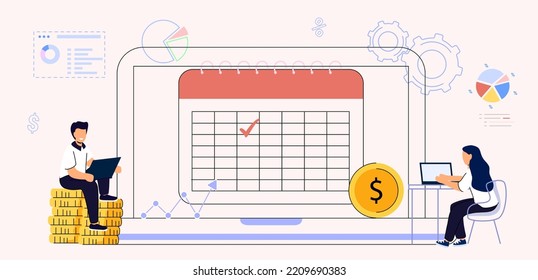 Tax payment conditions calendar Keep up with monthly payments metaphor concept Deductible revenue Payment deadline Vector illustrations Payday in time for employee. Borrowers pay regular fees online